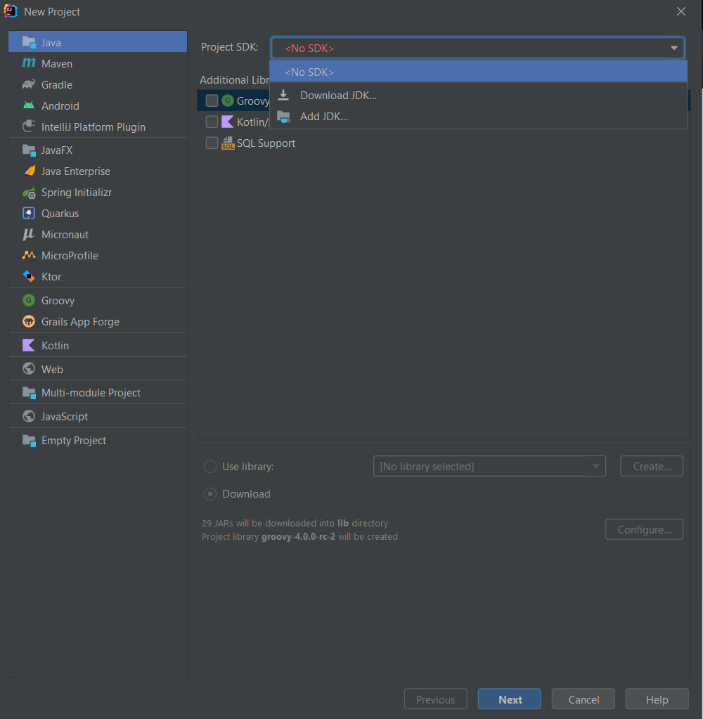 Dialogfenster zum Download einer SDK